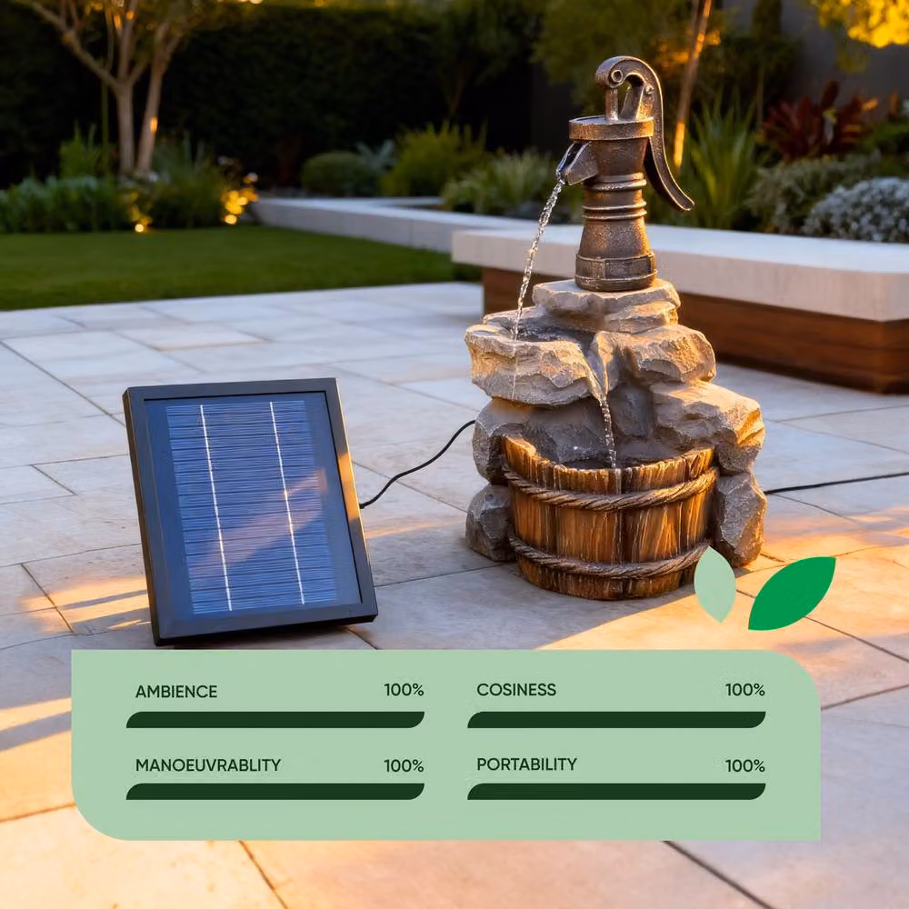 Gardenwize Solar Hand Pump Well Water Feature with Battery Back Up in Grey – 5