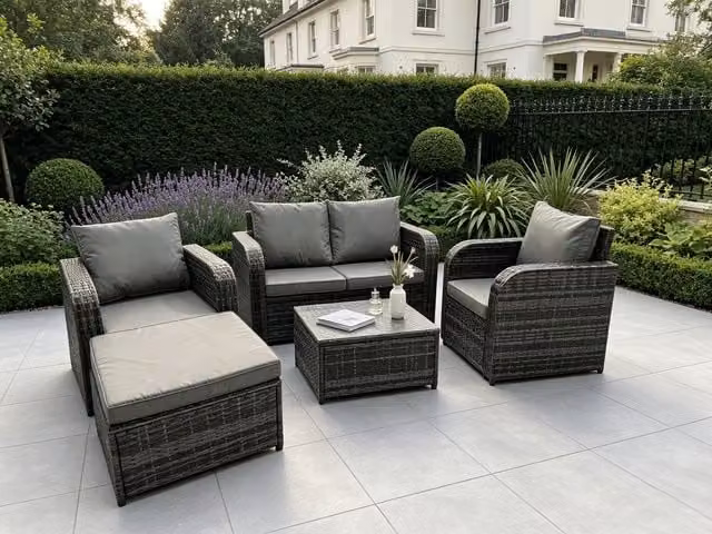 Fimous 5 Seater L-Shape Rattan Garden Furniture Set in Dark Grey with Upholstered Cushions