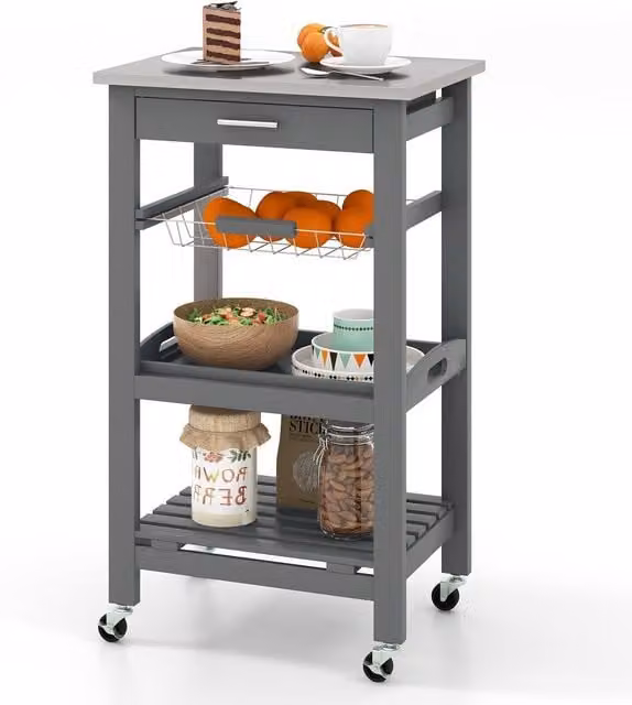 Costway Rolling Kitchen Storage Trolley Cart Cupboard Island in Grey – 1