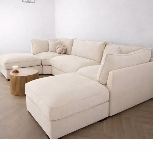 Home & Love Apollo Bishop U Shape Cinema Corner Sofa in Cream Fabric with Matching Ottoman and Scatter Cushions