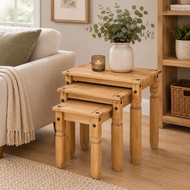 Mews Set of 3 Waxed Pine Nest of Tables in Brown