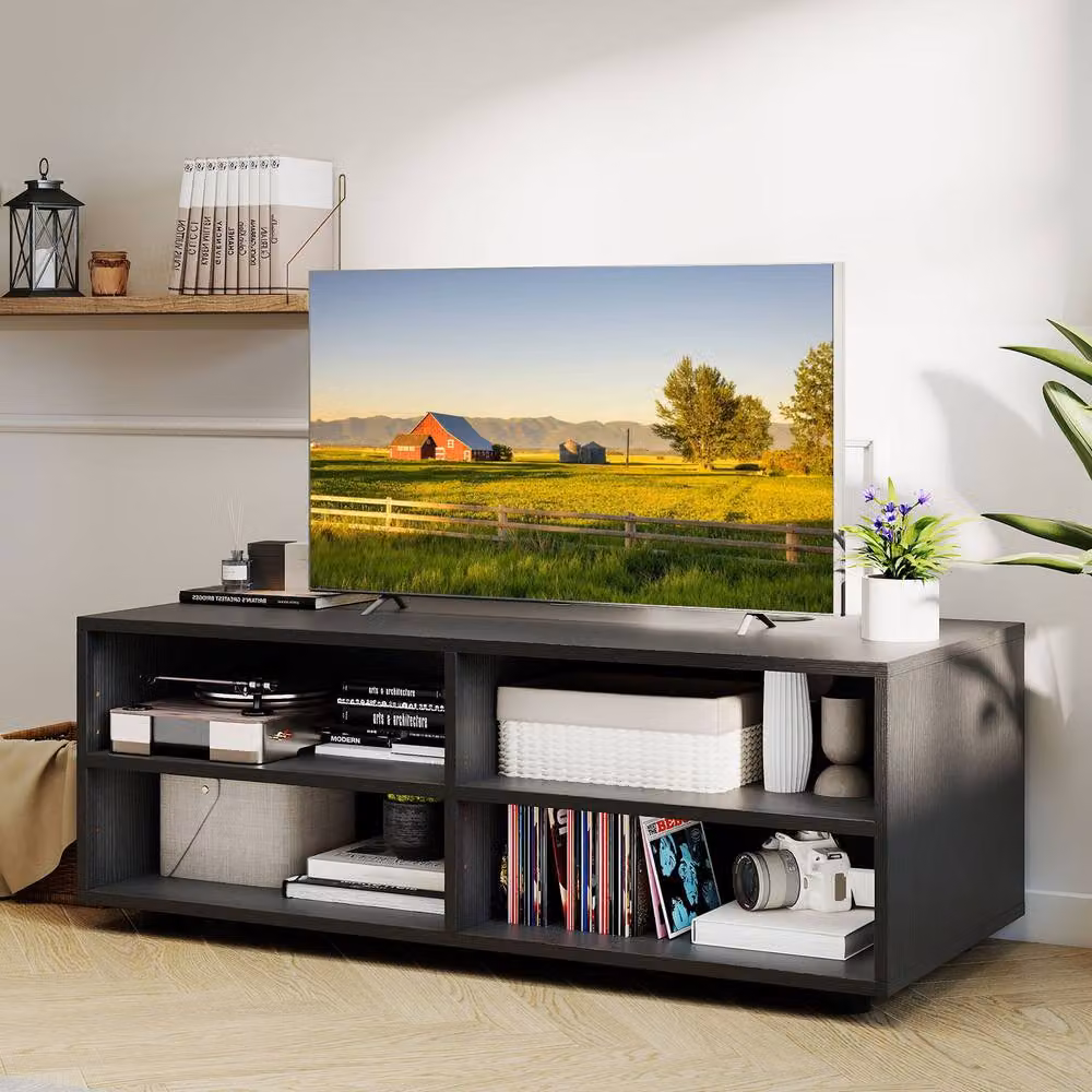 Gymax Modern Black Entertainment Center TV Stand with 4 Compartments, Width: 90 cm – 5