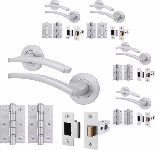 AFIT Satin Chrome Door Handle Latch and Hinge Set, 5 Pack, Silver