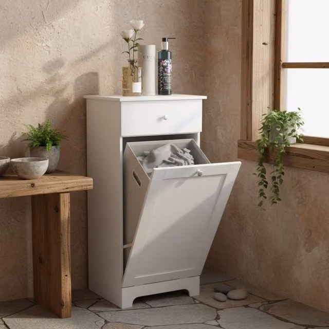 Wyld Haus Faratti White Single Tilt Out Hamper Laundry Cabinet W: 40 cm, D: 40 cm, H: 90.5 cm – 1