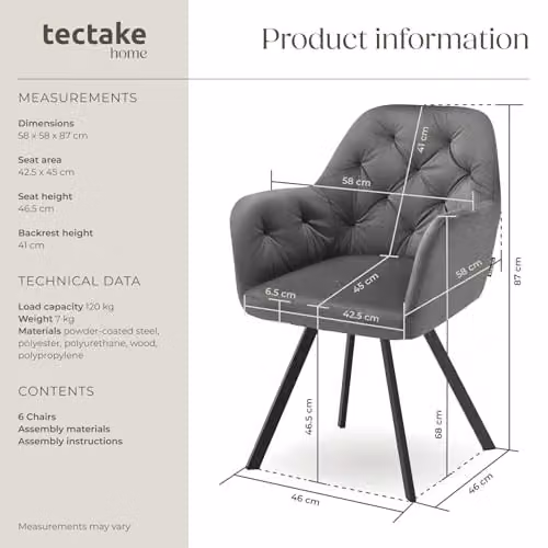 tectake Set of 6 Lucia Armchairs in Anthracite Grey with Geometric Pattern and Metal Legs – 3