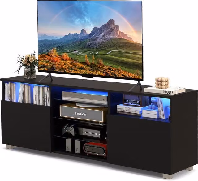 Costway Modern Black Matt LED TV Stand Media Entertainment Center with Glass