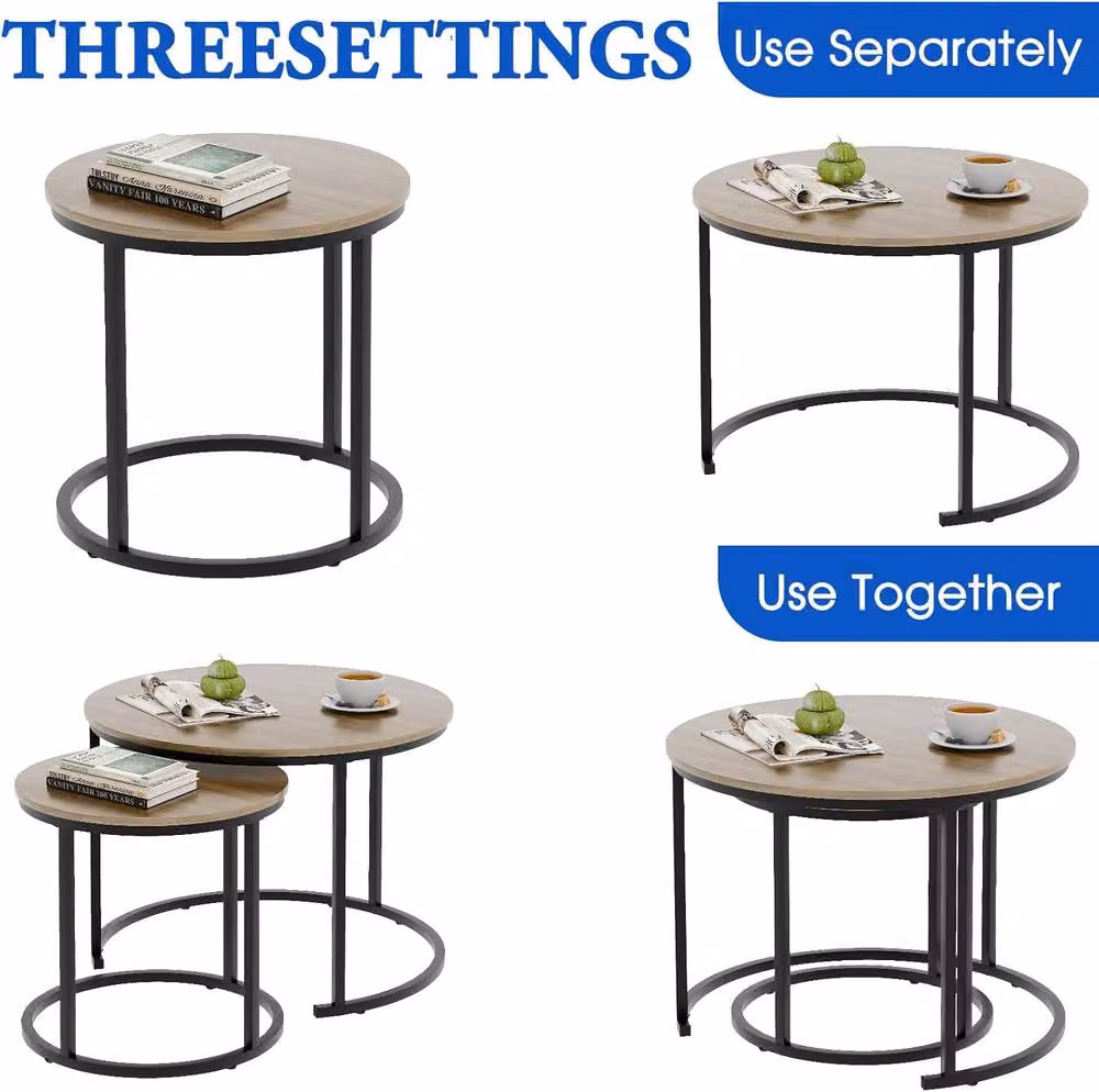 Huhote Set of 2 Round Nesting Coffee Tables with Black Metal Sled Base and Light Brown Oak Wood Tops – 5