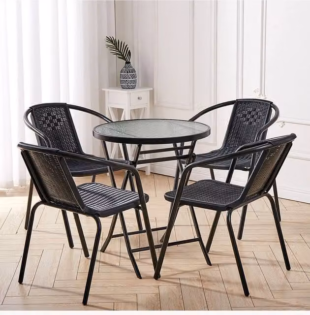 Living and Home Avondale 4 Seater Dining Set in Black with Glass, Rattan and Steel