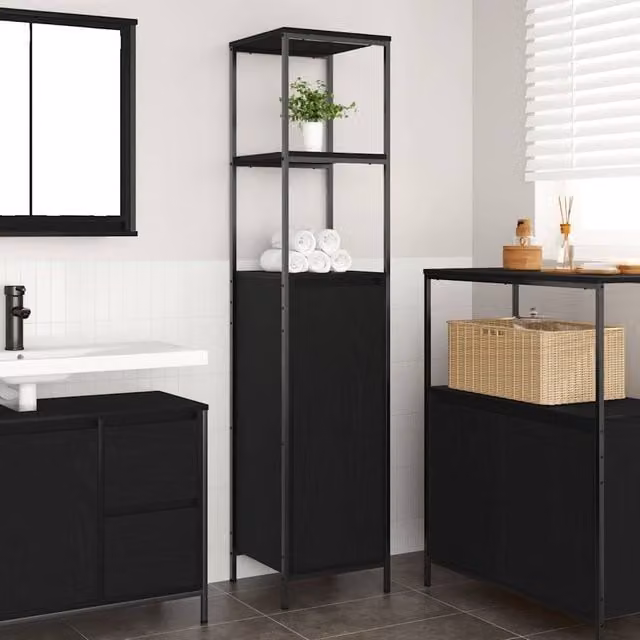 Berkfield Home Modern Black Oak Bathroom Cabinet with Shelves and Hinged Doors, W/D/H: 36 x 35 x 165 cm