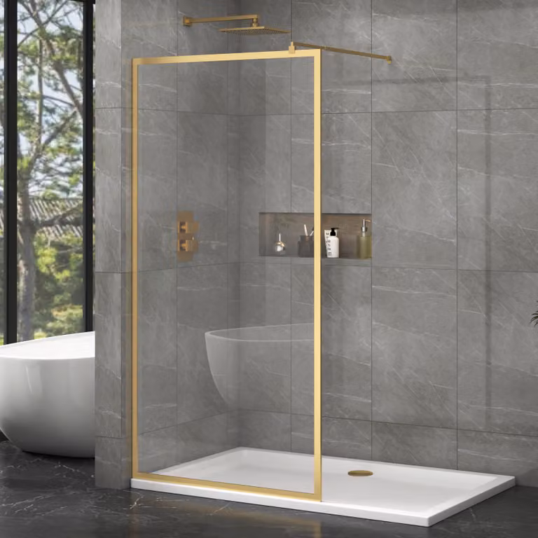 Luxor Walk In Wet Room Shower Screen with 8mm Easy Clean Clear Glass and Brushed Brass Gold Frame, Width: 195 cm