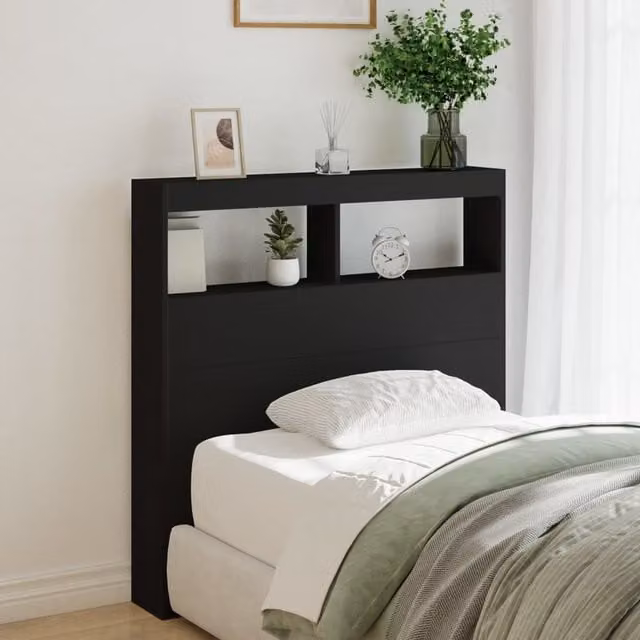 Berkfield Home Modern Black Headboard Cabinet with LED Lighting and USB Charging Port, W/D/H: 100 x 17 x 102 cm – 1