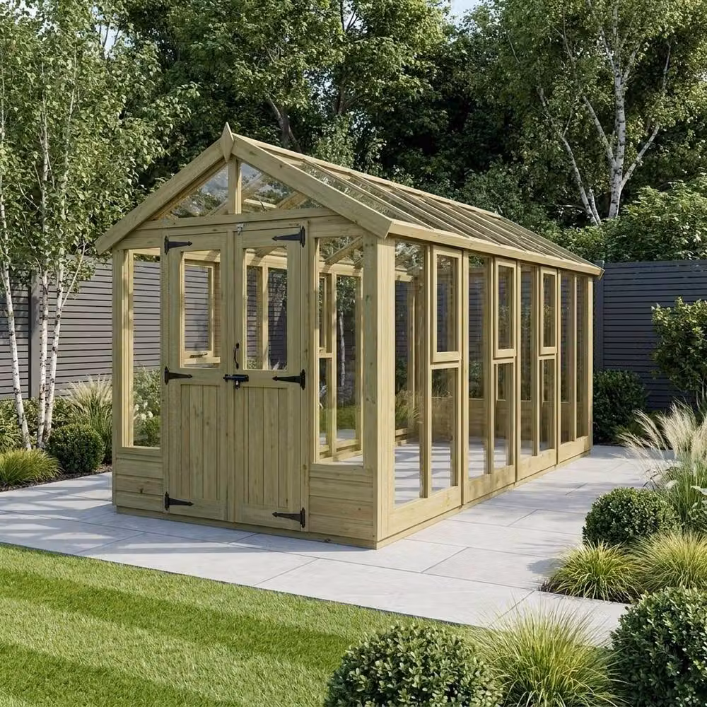 Buttercup Farm Apex Glass Greenhouse in Natural Wood, W/D/H: 464.52 x 182.88 x 210 cm – 2