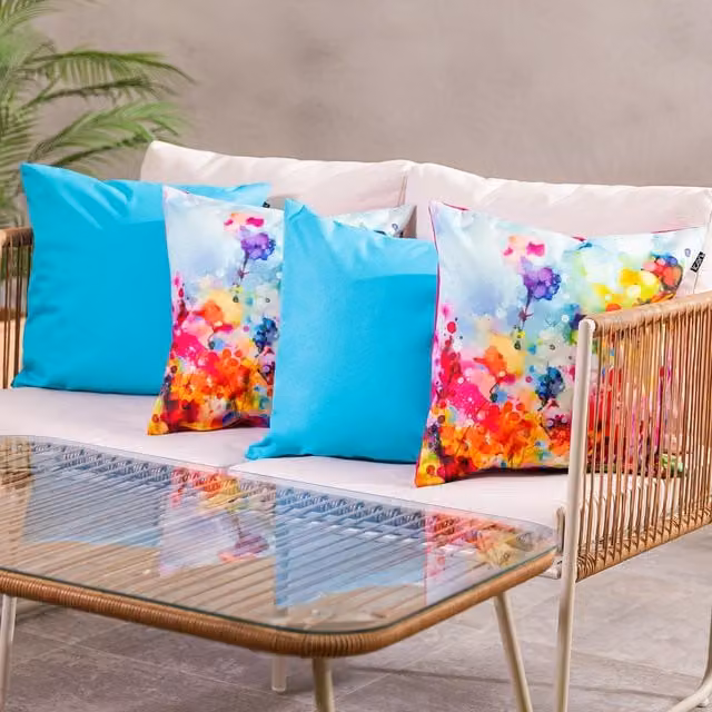 ICON 4-Pack Square Outdoor Cushions in Aqua Blue with Spring Flower and Plain Designs