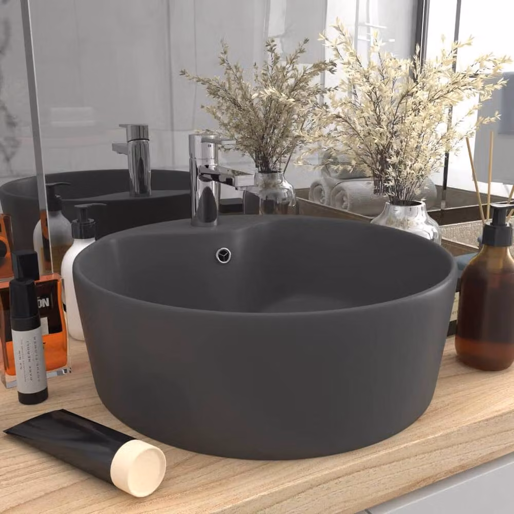 Berkfield Home Luxury Ceramic Round Countertop Wash Basin with Overflow, Matt Dark Grey, W/D: 36 x 13 cm – 2