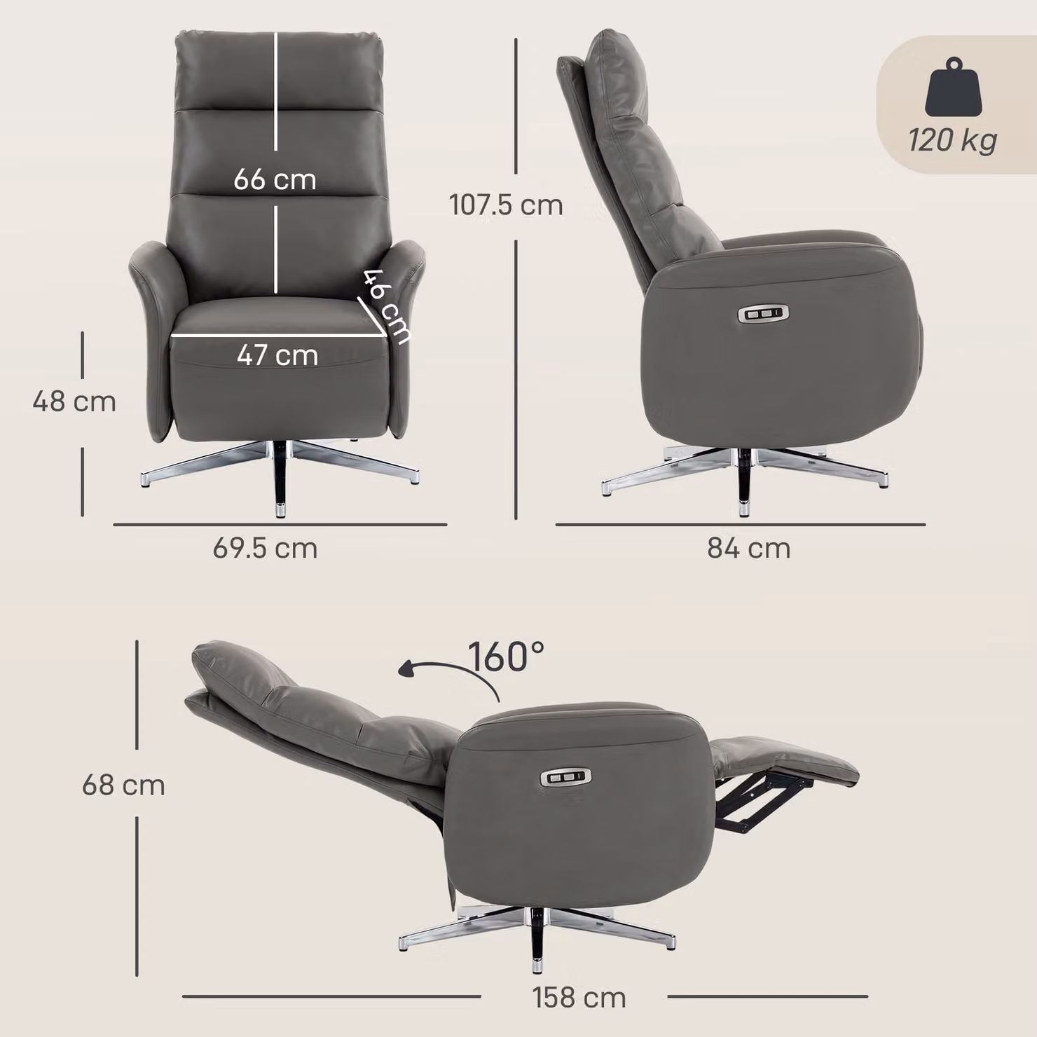 HOMCOM Swivel Electric Power Recliner Chair with USB and Type C Ports in Dark Grey – 3