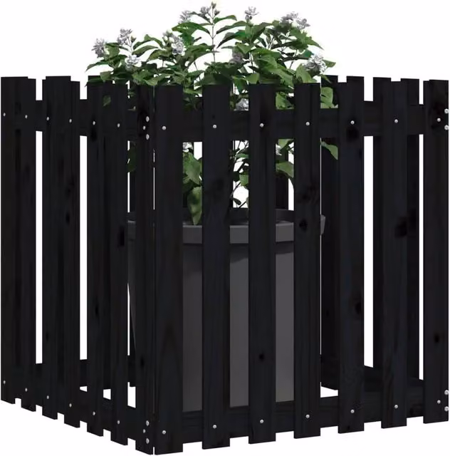 Berkfield Home Beautiful Garden Planter with Fence Design in Black, W/D/H: 70 x 70 x 70 cm