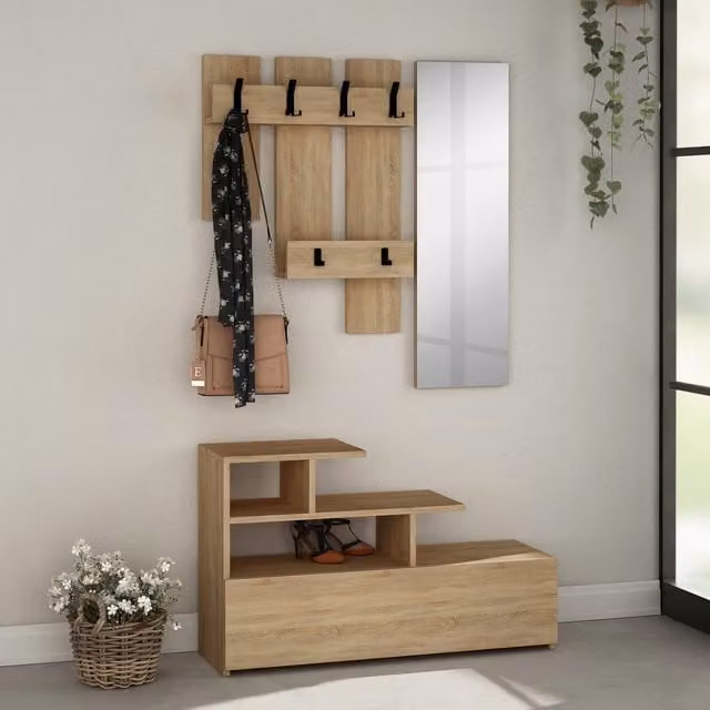 Decortie Modern Hall Tree with Bench and Wall Shelves in Oak