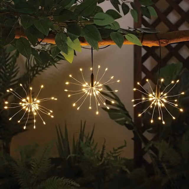 Garden Mile Set of 3 Solar Starburst Hanging Lanterns in Yellow with Dusk Sensor