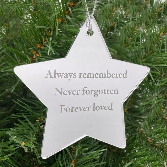 Silver Memorial Star Hanging Decoration with Angels Wings and Feathers Design