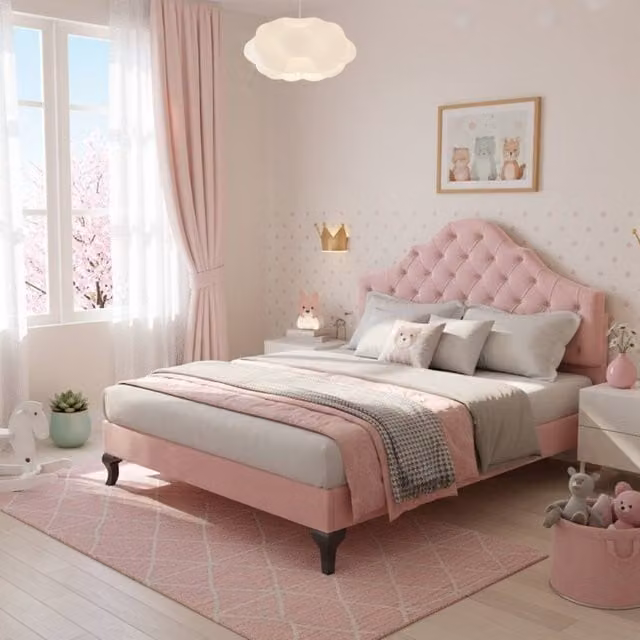 BTM Pink Velvet Double Bed with Adjustable Headboard, W/D/H: 140 x 200 x 141 cm – 1