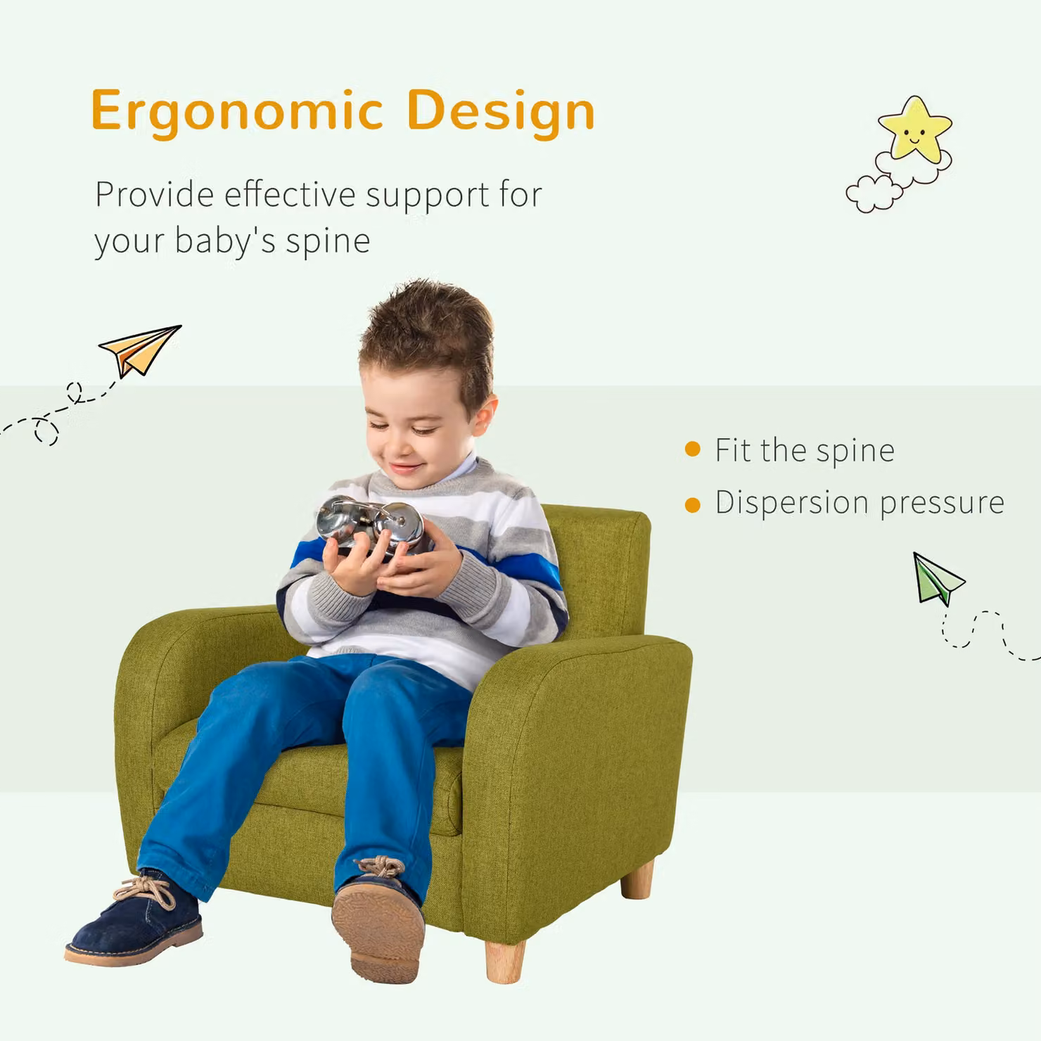 HOMCOM Kids Armchair with Solid Wood Frame and Fabric Upholstery in Green – 4
