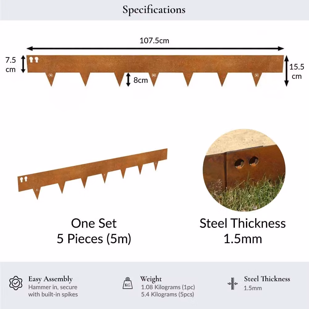 Woven Wood and Corten Steel Lawn Edging, Light Brown, 5 Piece Set, Length: 100 cm, Height: 7.5 cm – 6