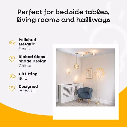 ValueLights Gold Metal 2 Way Bar Ceiling Light Fitting with Amber Ribbed Glass Globe Shades and Included Bulb