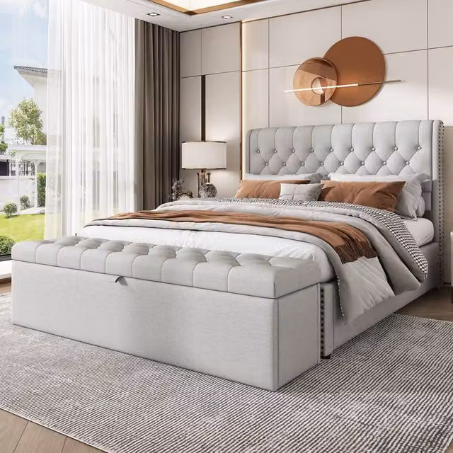 Matteo Luxurious Upholstered Double Bed with Lift-Up Storage in Light Grey Velvet, W/D/H: 135 x 190 x 102.5 cm – 1