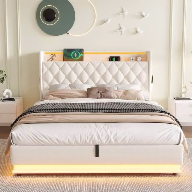 Merax Beige Fabric Hydraulic Storage Bed with LED Headboard, USB Charging Port and Bedside Shelf, W/D/H: 140 x 200 cm