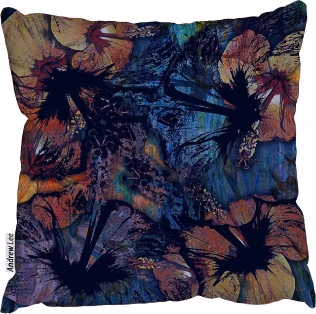Andrew Lee Modern Dark Floral Motif Square Cushion in Blue, W: 60 cm x H: 60 cm