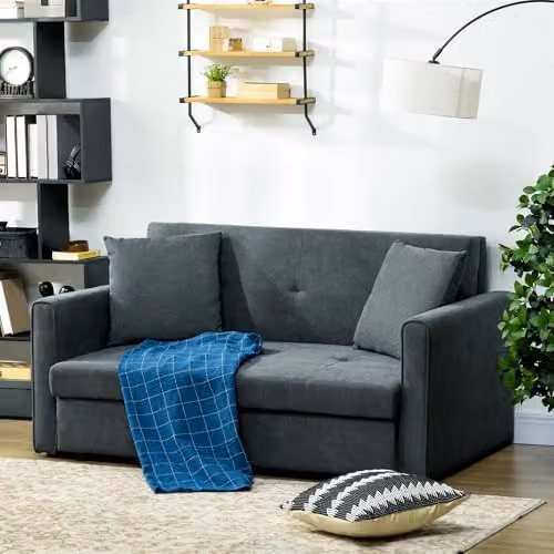 HOMCOM 2 Seater Modern Snow Flannel Sofa Bed with Hidden Storage and Pull Out Drawer, Dark Grey – 3