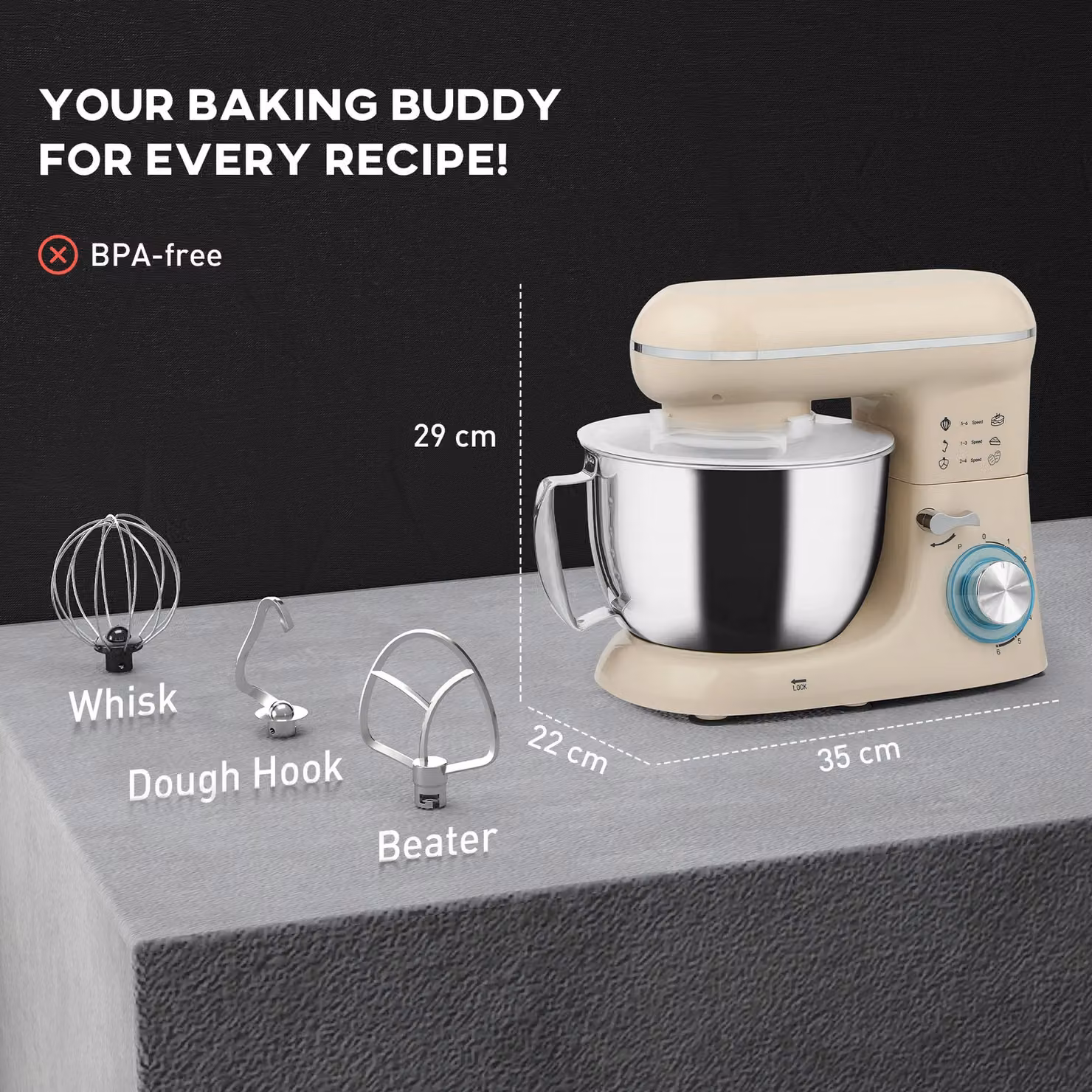 HOMCOM 1300W Electric Stand Mixer with 4.5L Capacity and 6 Speeds in Beige – 3