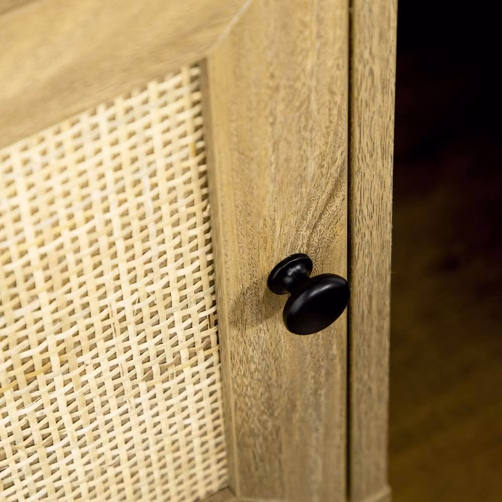 STILVORA Bedside Table with Shelf and Cupboard in Natural Pine Wood and Rattan – 3
