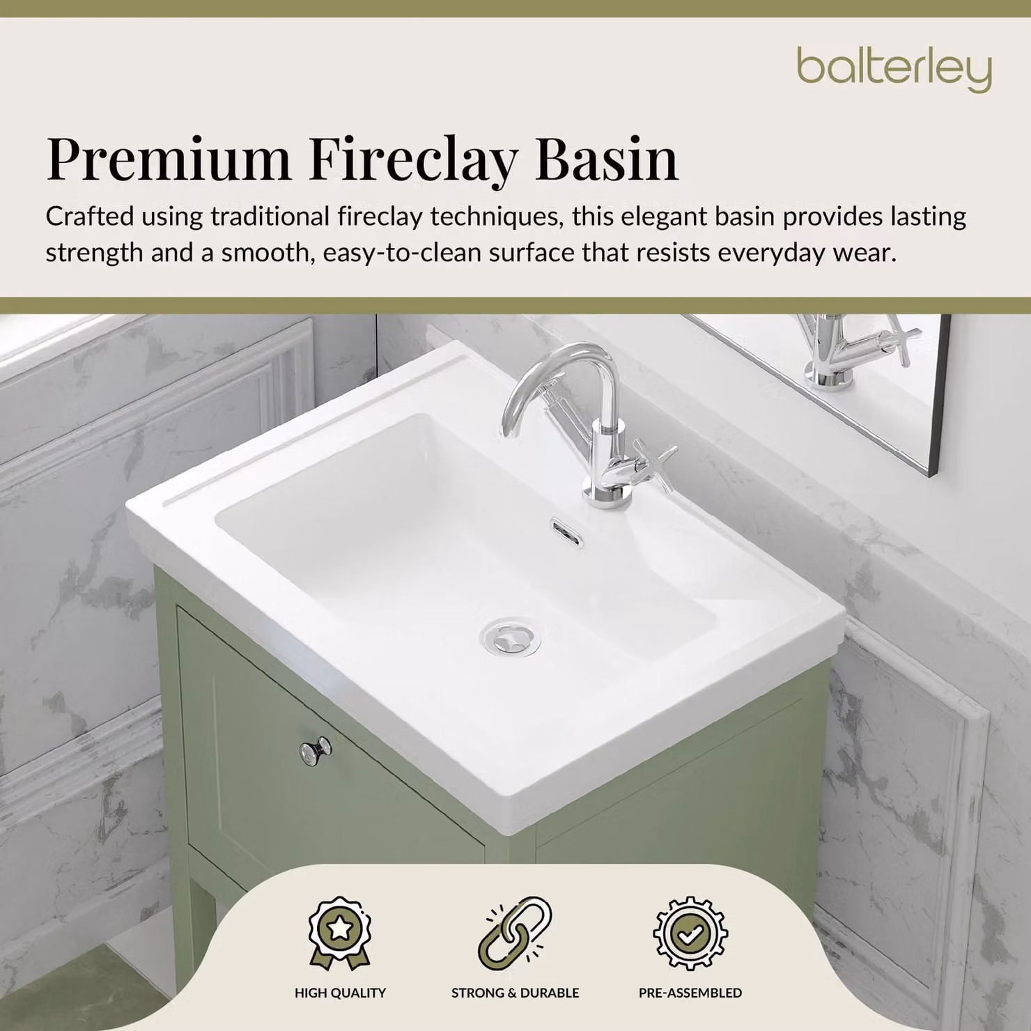 Balterley Bathroom 1 Soft Close Drawer Floor Vanity Unit Basin with Matt Green Finish, W: 63 cm, H: 86.5 cm – 3