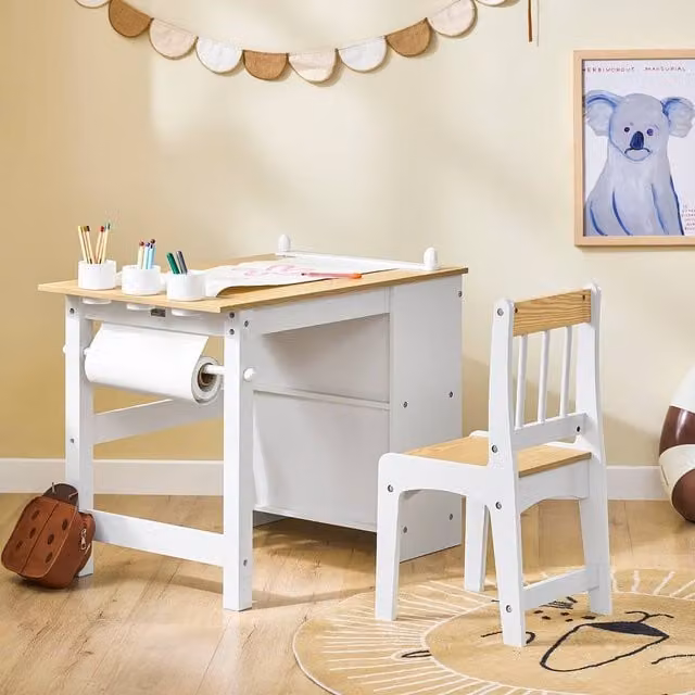 SoBuy Children's Activity Desk and Chair Set with Shelves in White