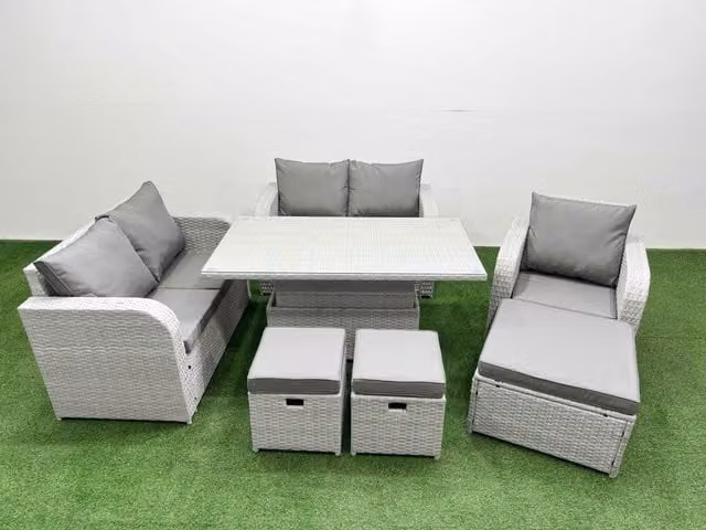 Fimous Grey Poly Rattan Garden Furniture Set with Reclining Armchair, 2-Seater Sofa, and Adjustable Coffee Table