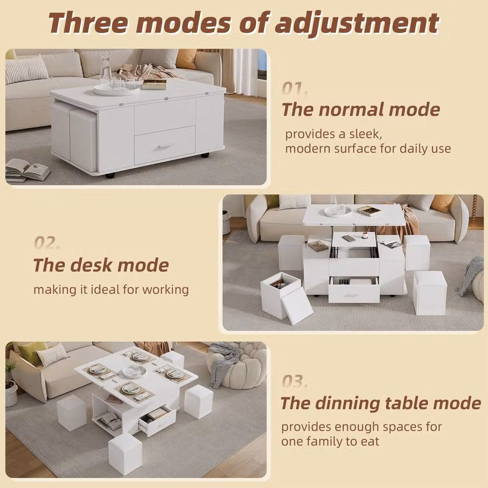 Merax Extendable Lift Top Coffee Table with 4 Storage Stools in White – 3