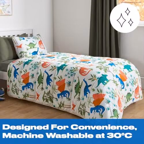 OHS Dino Print Kids Reversible Coverless Duvet and Pillowcase Set, 10.5 Tog, Multicolour, W/D/H: 135 x 200 cm – 2