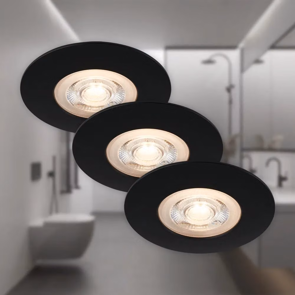Briloner Black Matte LED Recessed Downlight Set of 3, Warm White, IP44, D/H: 9.0 x 2.5 cm – 6