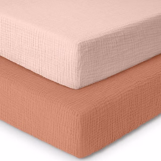 MHG Living Muslin Cot Bed Fitted Sheets 2 Pack in Rose and Pink, Breathable Cotton