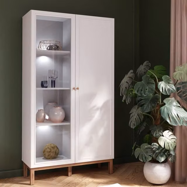 Furniture To Go Wensley Modern Display Cabinet with Integrated LED Lights and Glass Doors in Light Grey