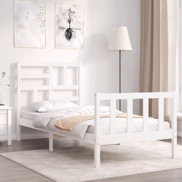 Berkfield Home Single Solid Pine Wood Bed Frame with Headboard in White
