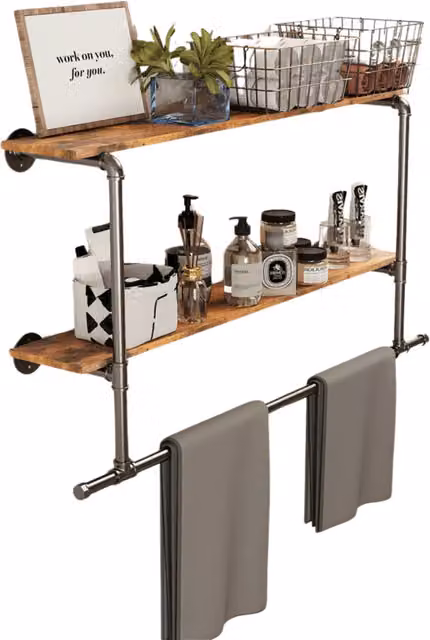 Pirlo Plush Industrial Wall-Mounted Floating Shelves with Hanging Rail in Rustic Brown and Black