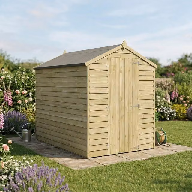 Waltons Brown Overlap Apex Wooden Garden Storage Shed with Single Door, W: 213.36 cm, D: 152.4 cm, H: 152.4 cm