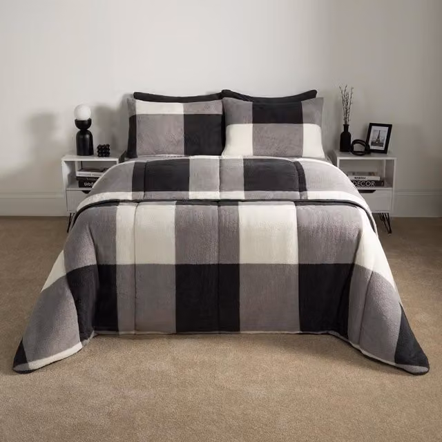 OHS Teddy Gingham Coverless 10.5 Tog Winter Duvet Set, Grey, W x D: 200 x 220 cm