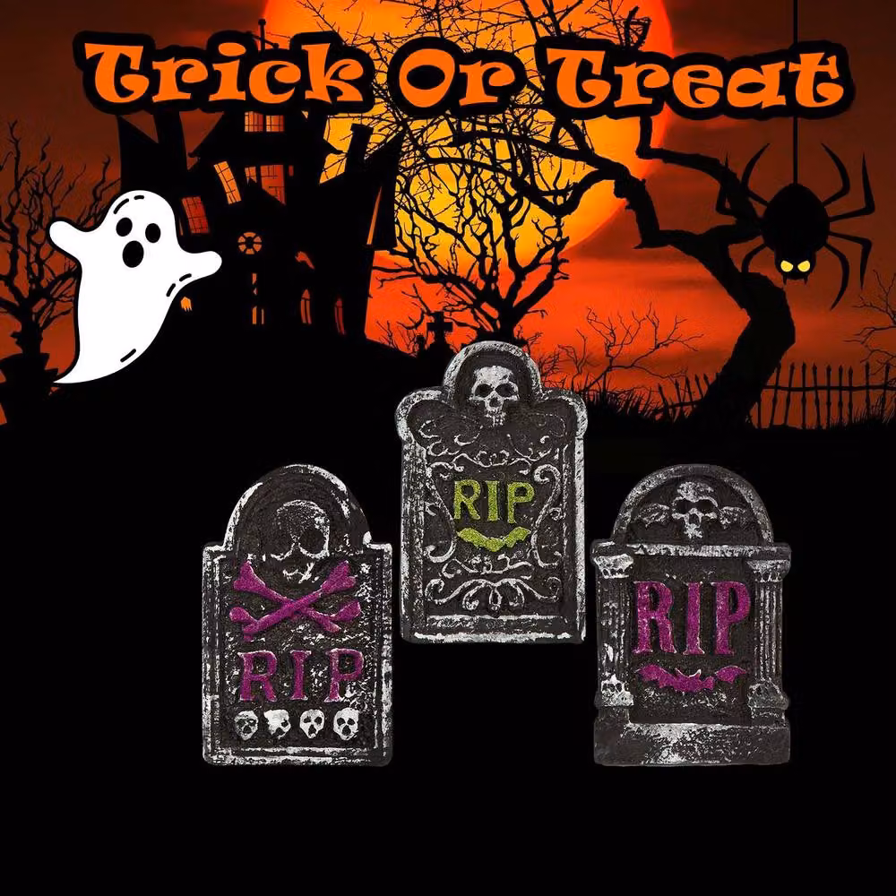VFM e-Store Halloween RIP Tombstone Set with Green Bats, Skulls and Purple Bats, 3 Pack, Grey – 3