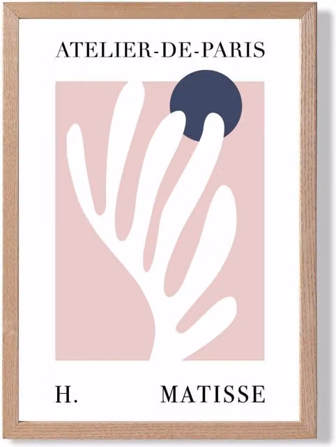 ARTZE Matisse Floral Cutout Pink and Blue Exhibition Framed Print with Navy Oak Frame, Size A2 (42.0 x 59.4 cm)