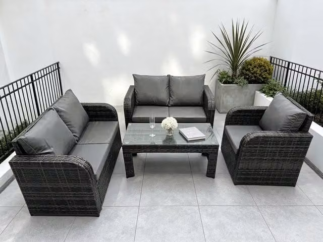 Fimous 5 Seater Grey PE Rattan L-Shape Outdoor Lounge Set with Coffee Table and Upholstered Cushions