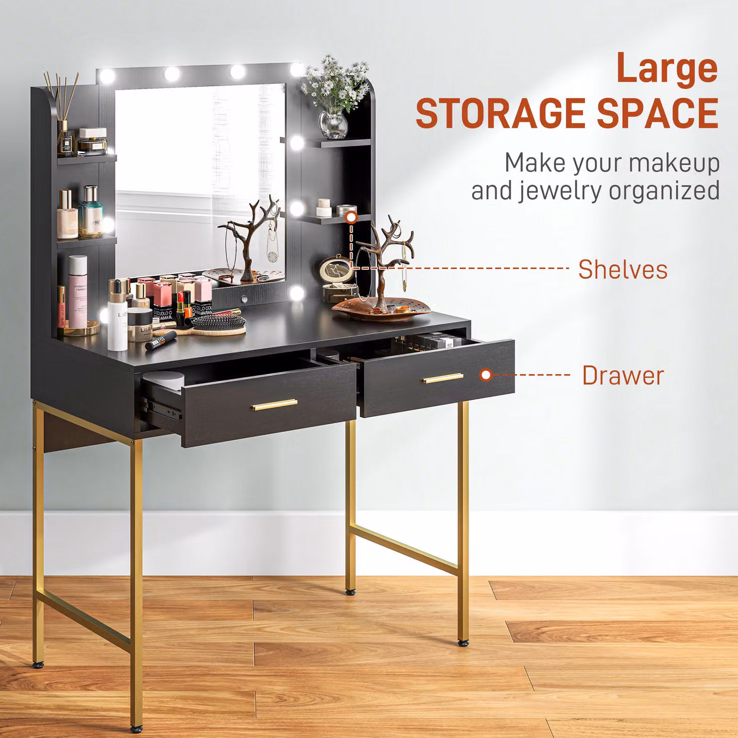 HOMCOM Modern Black Dressing Table Set with Hollywood LED Lighted Mirror, Cushioned Stool, Drawers and Shelves – 5