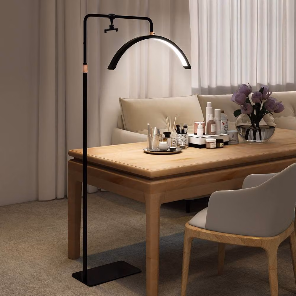 Emitto Black LED Half Moon Floor Lamp with Dimmable CCT, 360 Degree Rotation and Phone Holder for Lash Extensions, Tattoos and Beauty Salons – 3